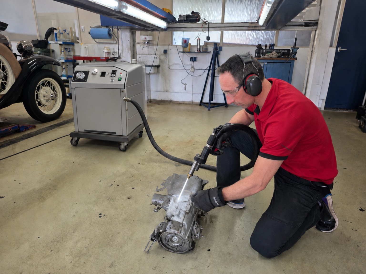 Dry ice cleaning van een versnellingsbak